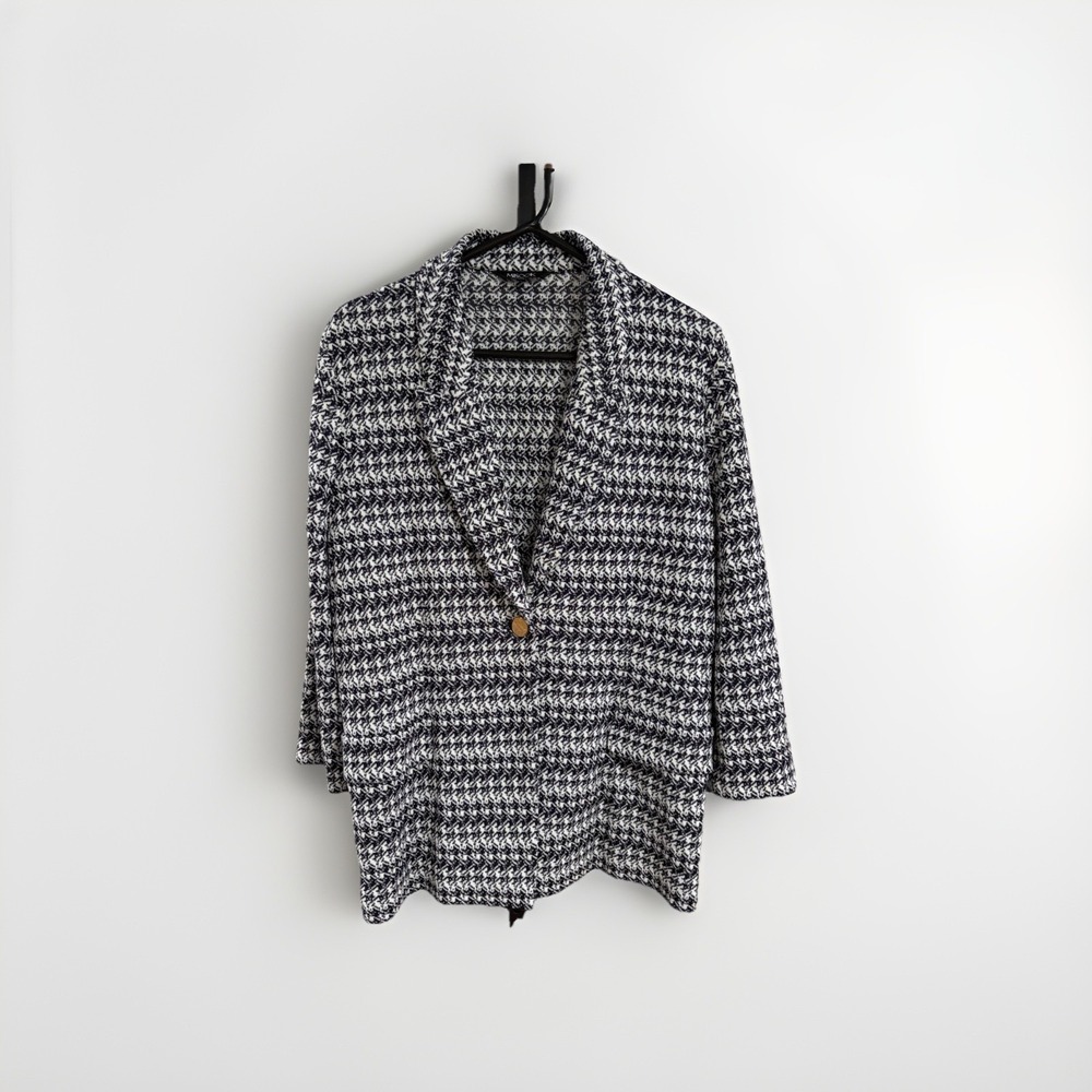 misook womens jacket cardigan BLACK WHITE STRETCH LARGE EUC A14